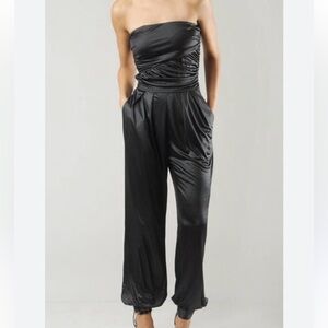 Elizabeth And James Black Estelle Harem Pant Ruched Jumpsuit Strapless Jogger